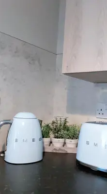 two toasters sitting on a kitchen counter with plants at Hill Street Cottage in Portpatrick