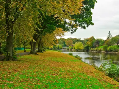 a path next to a river with trees and leaves at Beautiful Apartment - Outstanding Central Location - Pass the Keys in Dumfries