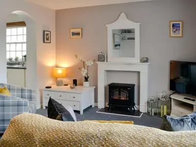a living room with a fireplace and a tv at Number 7 in Gatehouse of Fleet