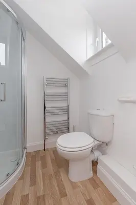 a white bathroom with a toilet and a shower at The Knowe in Portpatrick