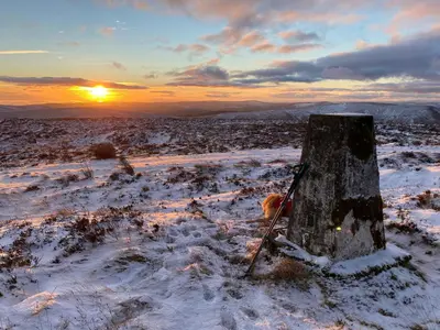 a tree stump in the snow with the sunset in the background at Stables Cottage in Langholm