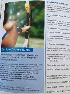 a flyer for an outdoor emergency range with a gun at HV66 - FREE WIFI-3 Bedrooms Indoor Pool Loch Views Fishing Golf Riding Shooting Water Sports 15 Mins Drive To Beaches PASSES NOT INCLUDED Most Activities Will Not Be Available Out Of Season Please Check Before Booking in Newton Stewart