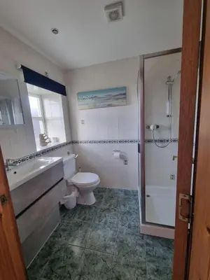 a bathroom with a toilet and a sink and a shower at The Auld Byre - by the Beach in Dumfries