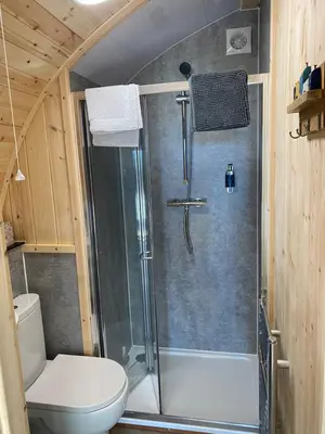a bathroom with a shower and a toilet at Craigend Farm Holiday Pods - The Woolly Sheep in Dumfries
