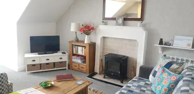 a living room with a fireplace and a television at Cosy apartment in popular harbour town in Kirkcudbright