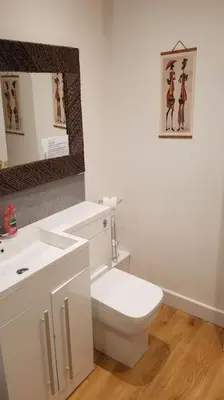 a white bathroom with a toilet and a mirror at Wastwater Cottage on The Big 