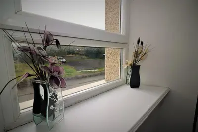 two vases with flowers sitting on a window sill at Signature - Kirkhill Middle in Kirkmuirhill