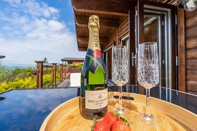 a bottle of wine and two glasses on a table with strawberries at Screel View in Kippford
