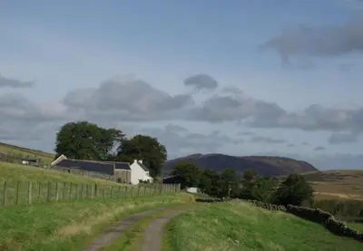 a dirt road in a field next to a fence at Croft Cottage in Gatehouse of Fleet