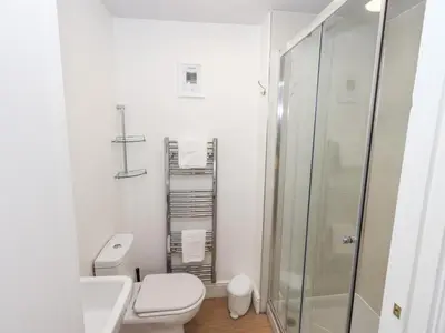 a white bathroom with a toilet and a shower at Number Twenty in Keswick