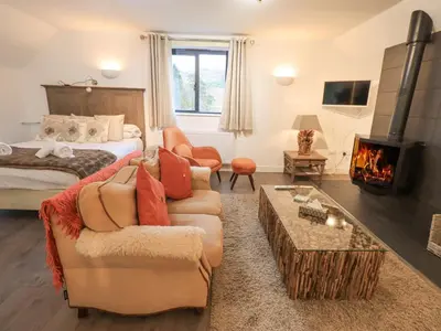 a living room with a bed and a fireplace at Le Chalet in Elterwater