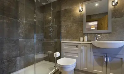 a bathroom with a toilet and a sink and a shower at Cedar Nook in Loweswater