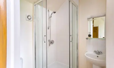 a bathroom with a shower and a sink at Low Longthwaite Farm in Watermillock