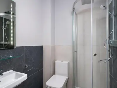 a bathroom with a toilet and a glass shower at Apartment 1 Latrigg in Keswick