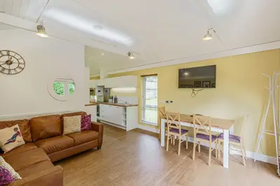 a living room with a couch and a table at Squirrel Lodge 43 with Hot Tub in Newton Stewart