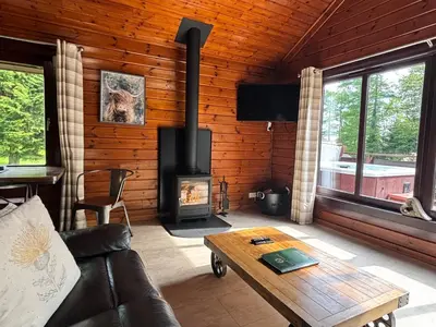a living room with a fireplace in a log cabin at Lady Galloway 28 with Hot Tub in Newton Stewart
