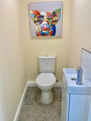 a bathroom with a toilet and a painting of a cow at Mountain Dream Cottage in Ramsey