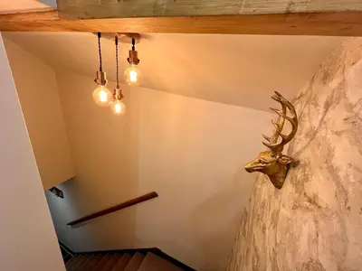 a head of a deer head on a wall with lights at Stylish & cosy barn minutes from the Lake District in Penrith