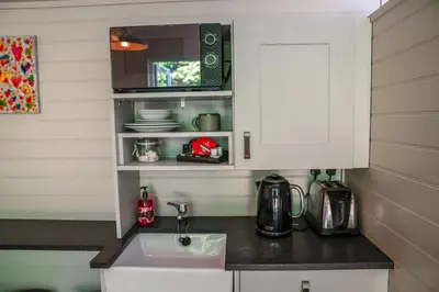a kitchen with a sink and a microwave at Reflections, Netherby, a micro cabin with hot tub in a rural setting in Longtown