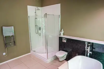 a bathroom with a shower and a toilet and a sink at The Heronry, Netherby, a luxurious cottage ideal for a romantic break with hot tub in a rural setting in Longtown