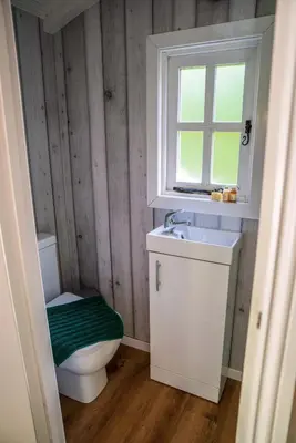 a bathroom with a toilet and a sink and a window at The Snug, Netherby, cute shepherds hut with hot tub in a rural location in Longtown