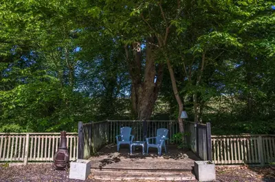 two chairs and a tree next to a fence at The Snug, Netherby, cute shepherds hut with hot tub in a rural location in Longtown