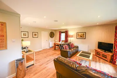 a living room with a couch and a television at Bluebell Lodge 2 with Hot Tub in Newton Stewart