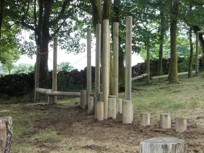 a group of bamboo poles in a field with trees at Birch Lodge 12 with Hot Tub in Newton Stewart