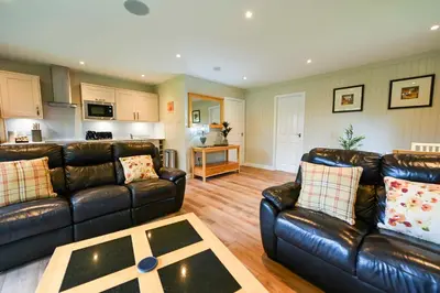 a living room with two leather couches and a kitchen at Bluebell Lodge 3 with Hot Tub in Newton Stewart