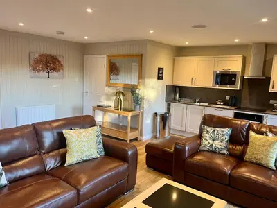 a living room with a leather couch and a kitchen at Bluebell Lodge 5 with Hot Tub in Newton Stewart