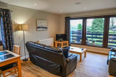 a living room with a leather couch and a television at Bluebell Lodge 24 with Hot Tub in Newton Stewart