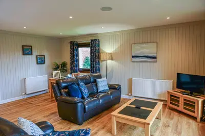 a living room with a leather couch and a television at Bluebell Lodge 24 with Hot Tub in Newton Stewart