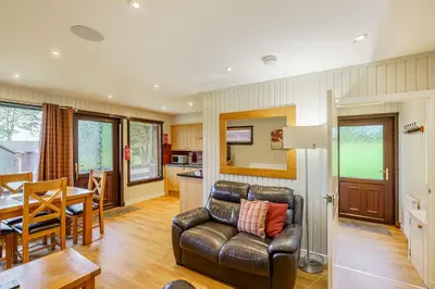 a living room with a leather chair and a table at Birch Lodge 19 with Hot Tub in Newton Stewart