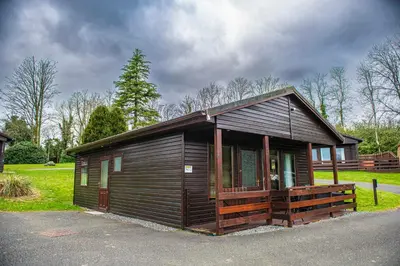 a small wooden cabin with a porch on a street at Birch Lodge 16 in Newton Stewart