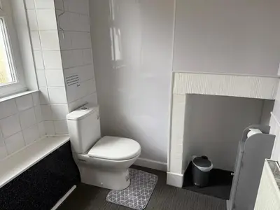 a bathroom with a white toilet and a shower at 16 Main Street in St Bees