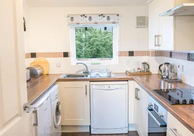 a white kitchen with a sink and a dishwasher at Felltops in Keswick