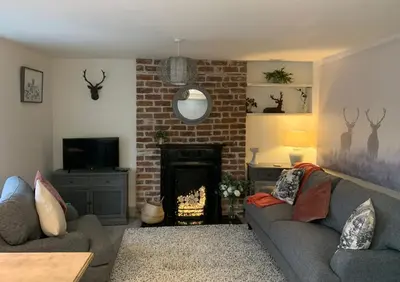 a living room with a couch and a fireplace at Victoria Apartment, Derwent House in Keswick