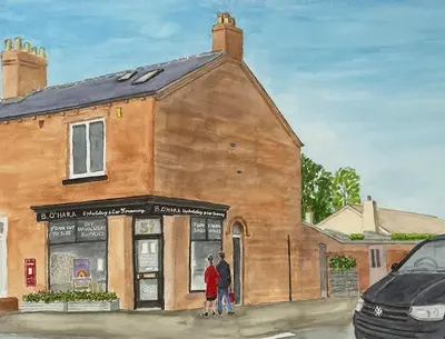 a painting of a couple standing outside of a building at Luxury 2 bed apt 4 mins from M6 J44 pet friendly, in Carlisle