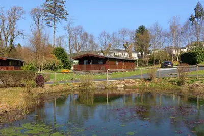 a pond in front of a house and a road at Birchlea in Kippford