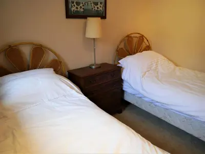 a bedroom with two beds and a lamp on a night stand at Phoenix Cottage in Kippford