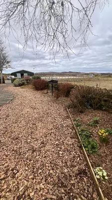 a dirt road with plants and a bench in a field at Popsal in Kirkcowan