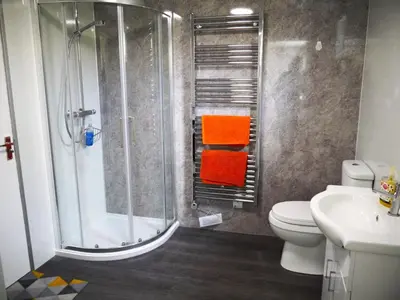 a bathroom with a shower and a toilet and a sink at Foxbrae Cottage in Rockcliffe