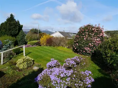 a garden with purple flowers in a yard at Foxbrae Cottage in Rockcliffe